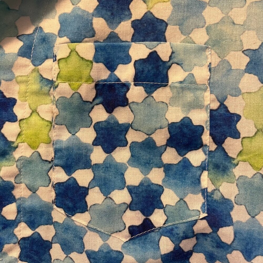 Blue and Green Geometric Pattern Short Sleeve Button Down
